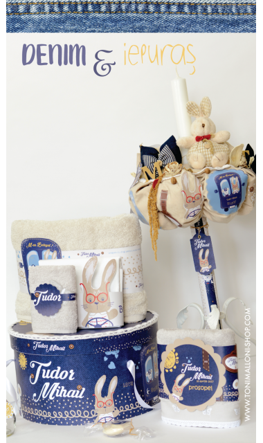 Trusou de botez cu iepuras brodat din denim si blue jeans, Iepurasul fashionist 2